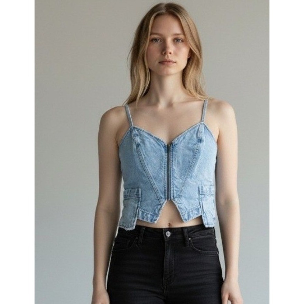 GRLFRND Denim Corset Top Zip‎ Front Y2K Streetwear Model Off Duty Edgy Small